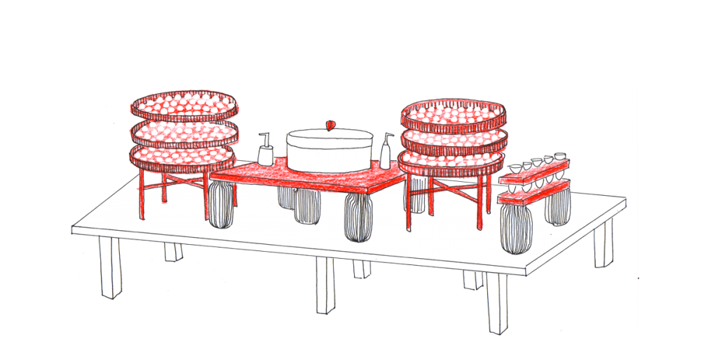 Table rouge et blanc. Dégustation de sushis et makis, création Hoplastudio
